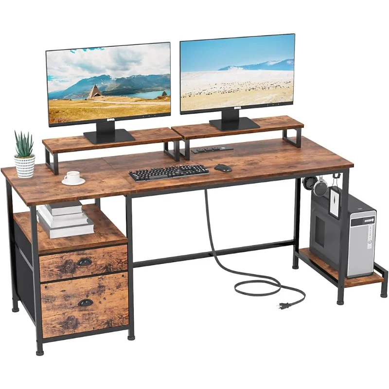 Furologee โต๊ะพร้อมลิ้นชักและปลั๊กไฟ55 "โต๊ะคอมพิวเตอร์ขนาดใหญ่พร้อมตู้เก็บแฟ้มผ้าและชั้นวางมอนิเตอร์แบบเคลื่อนย้ายได้2ชั้น