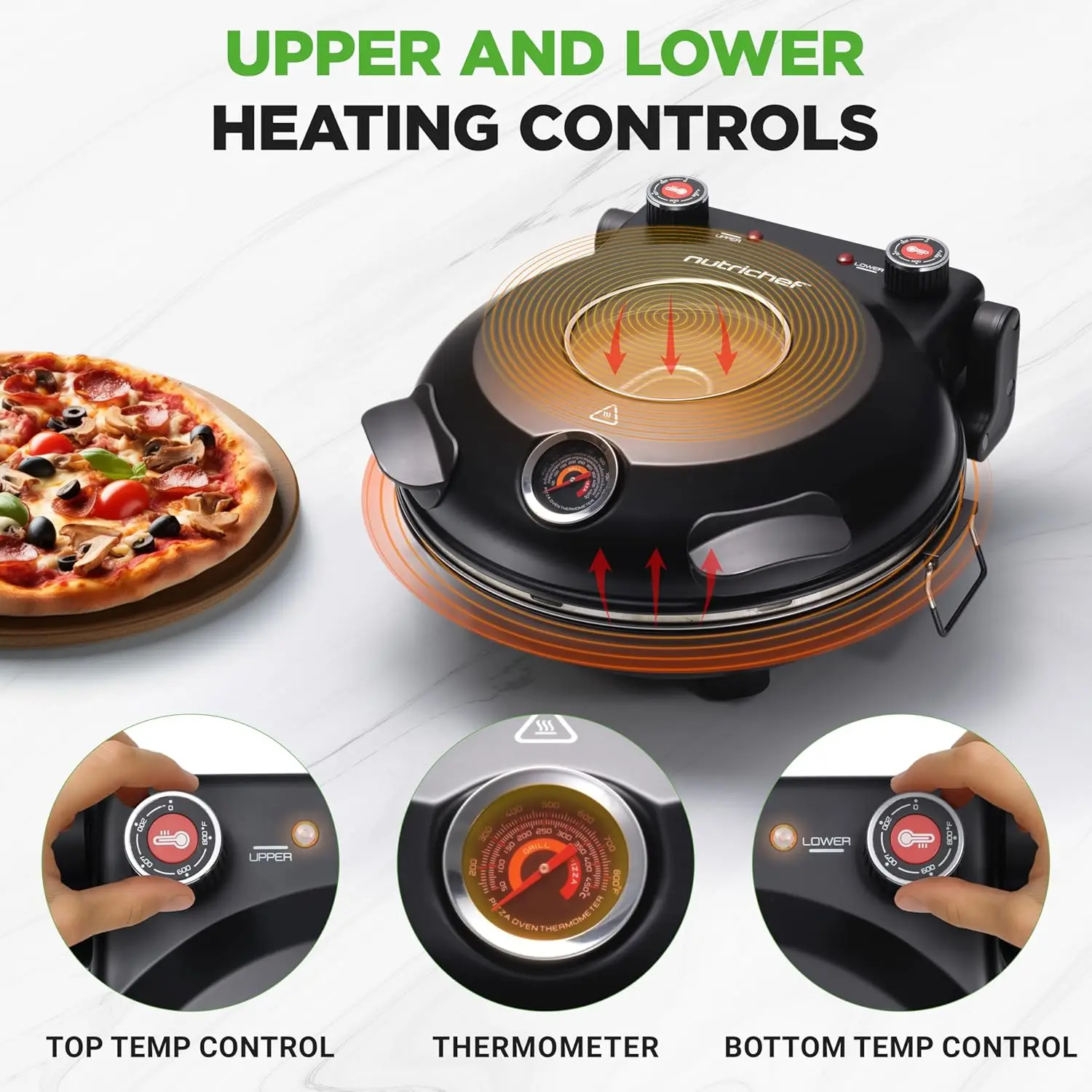 Electric Pizza Oven | 1200W Countertop Pizza Maker with Temperature Control & Thermometer | Viewing Window for Precise