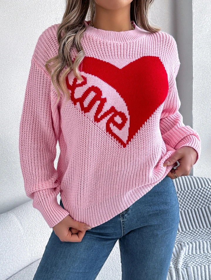 

Valentine's Day Casual Color Matching Love Long Sleeved Sweater Women Trends 2025 Pullover Women