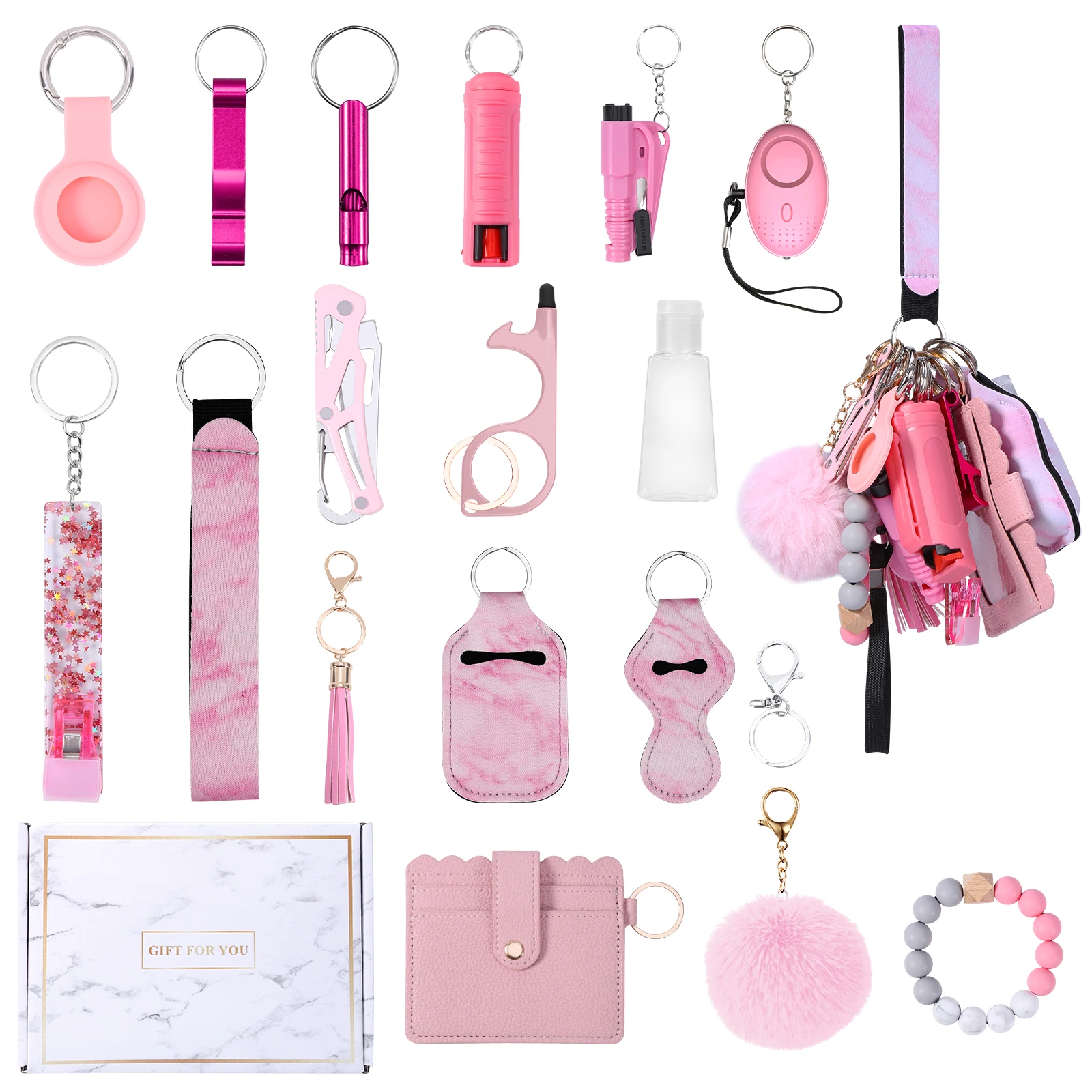 17 In 1 Safety Keychain Set for Women Wristlet Strap Keychain with Personal Alarm and Pom Pom Accessories Kit Gifts for Girls