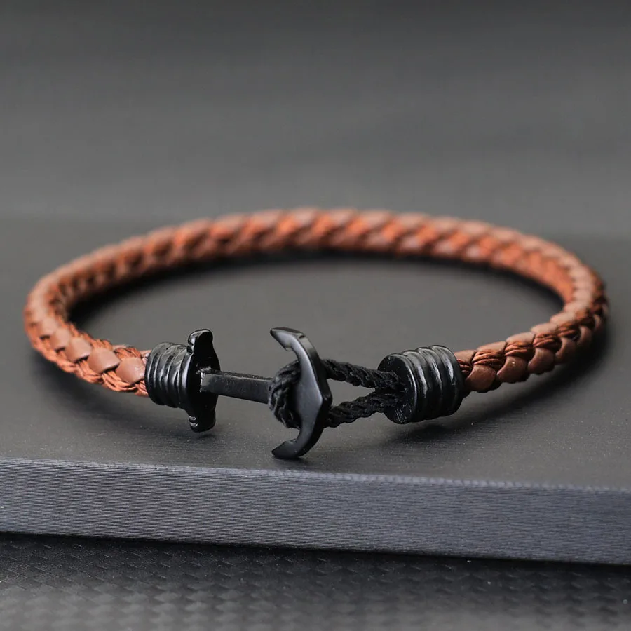Neue Mode Männer Leder Armband Kreative Schwarz Anker Armband Nautischen Surfen Hand Zubehör In 3 Größen Punk Armreif Hombre – Detail 5
