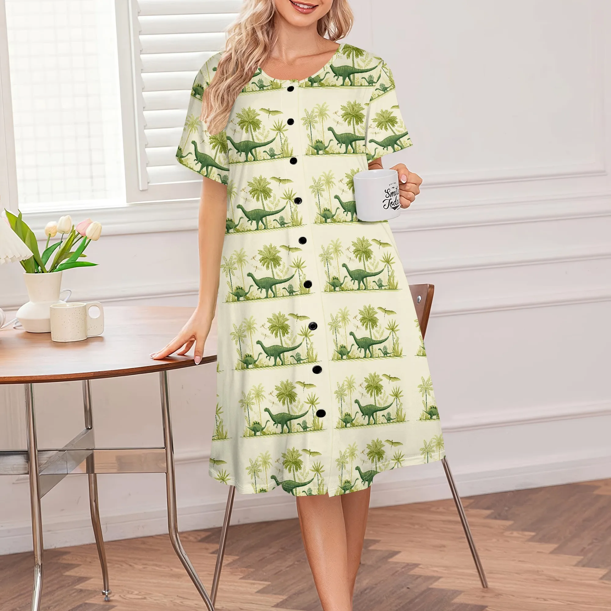 

Dinosaur Print Shirt Dress Women Summer Safari Style Vintage Loose Fit Casual Dress Nature Graphic S-3XL