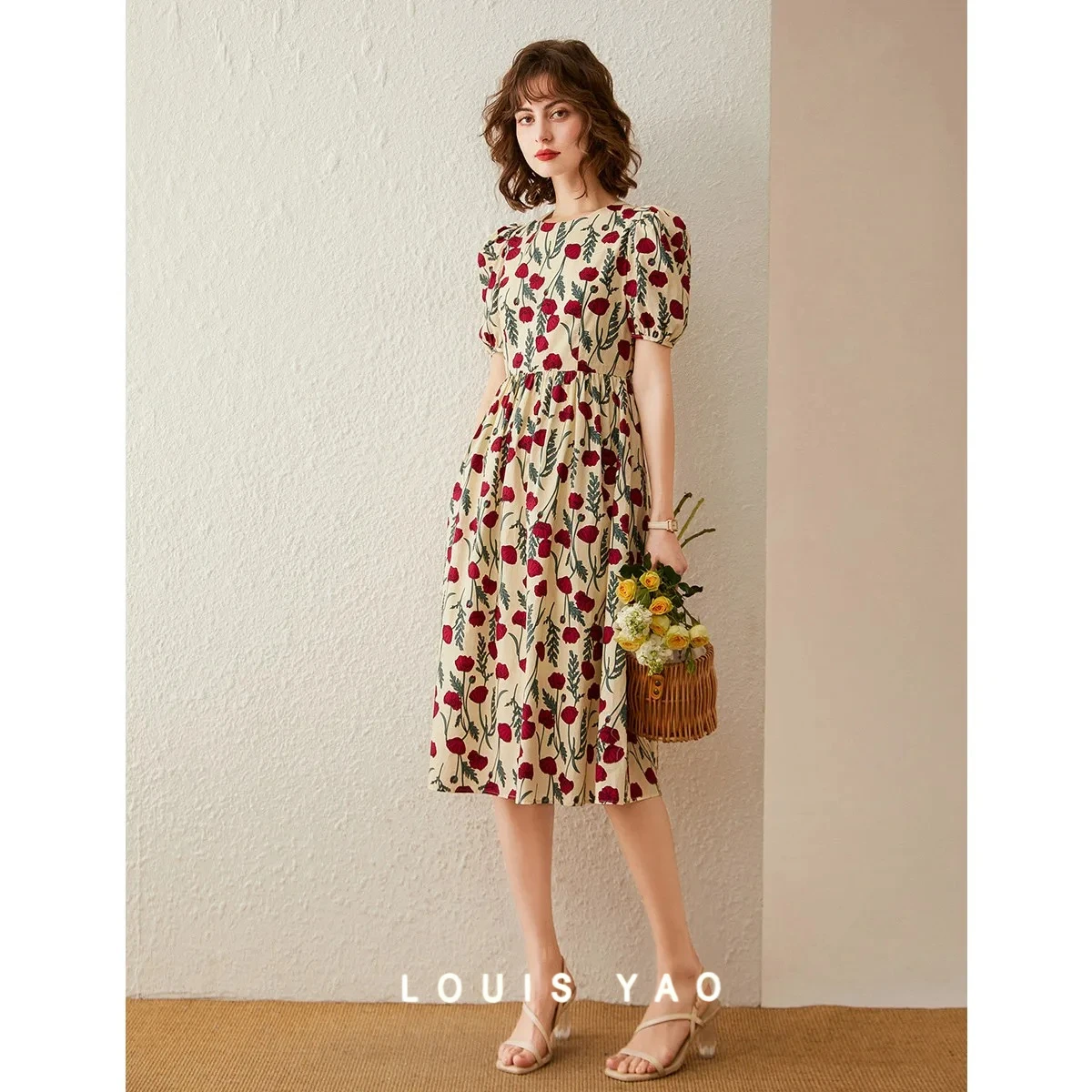 

LOUIS YAO Elegant French Printed Long Dress 2025 Summer Round Neck Floral Pattern Puff Sleeve Fitted Women's Dress New