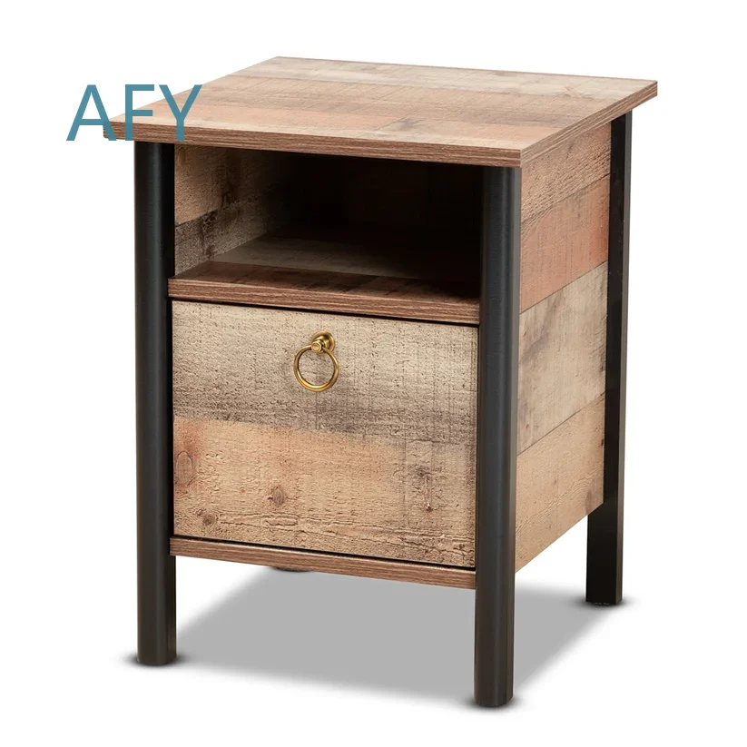 Traditional Modern Convertible Solid Teak Wood Nightstand for Bedroom Furniture Apartment Hotel with Gold Ring Handle Shelf