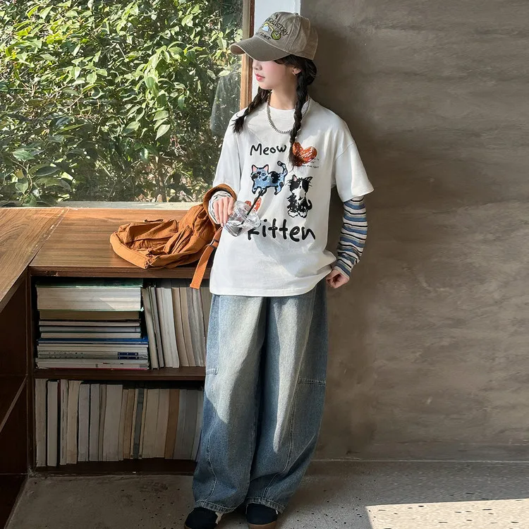 

Girls' Spring Vacation Two-piece Bottoming Shirt Set 2026 New Girls' Spring and Autumn Contrasting Color Splicing Sleeve Top