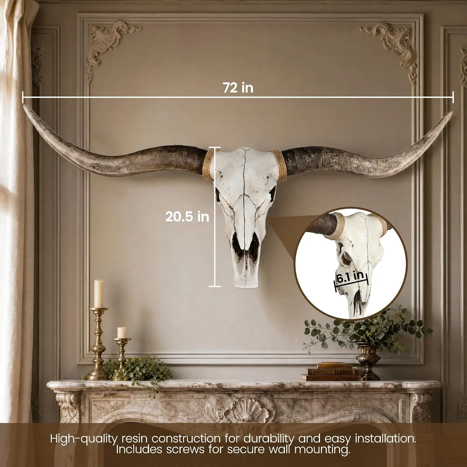 Black 72-Inch Faux Longhorn Cow Skull Wall Decor, Western Farmhouse Art