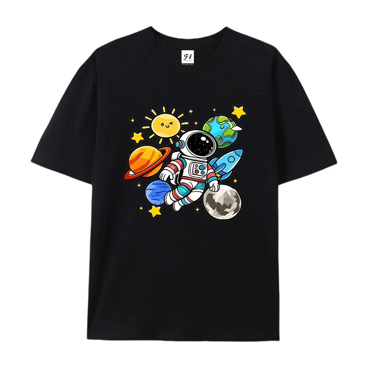 Men Cartoon Astronaut Space Planet Graphic T Shirt Summer Short Sleeve Round Neck Casual Cotton Tees Outdoor Streetwear Tops