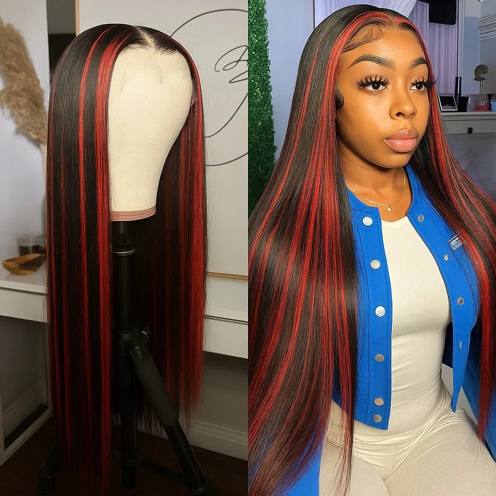 5x5 ハイライトレースフロントクロージャーグルーレスウィッグ 1B/99J オンバーブラックレッド人毛ブラジル産バーガンディカラーストレートウィッグ