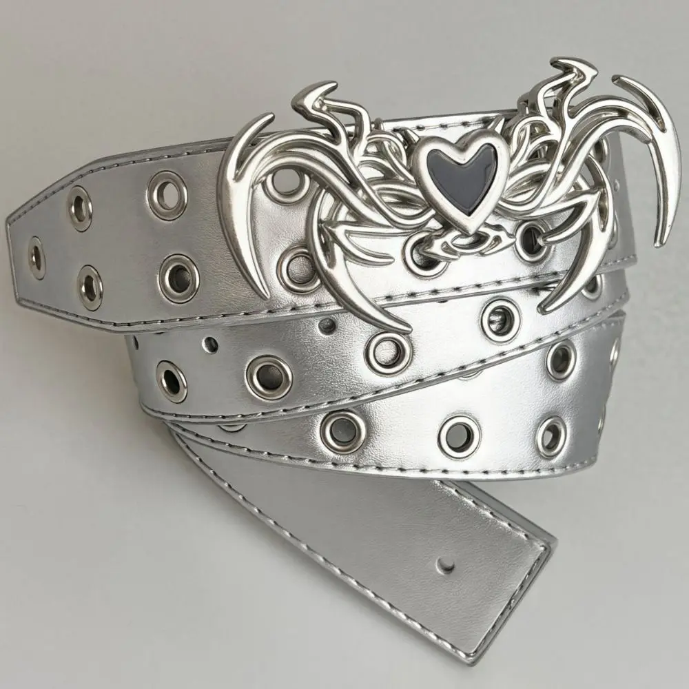 

Cool Embossed Heart Punk Belt Metal Buckle Devil Wings Y2K Style Belt Adjustable PU Leather Hip Belt for Women & Men