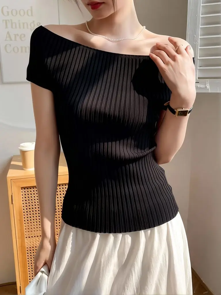 Knitted Summer Off shoulder Top Women Elegant Short Sleeve T-Shirt Korean Fitted Solid color Slim Casual Basic Tees Work wear