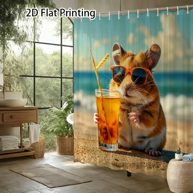 Funny Hamster Sunglasses Shower Curtain, Cute Animal Beach Summer Vibe Waterproof Bath Curtain, Quirky Bathroom Home Decor