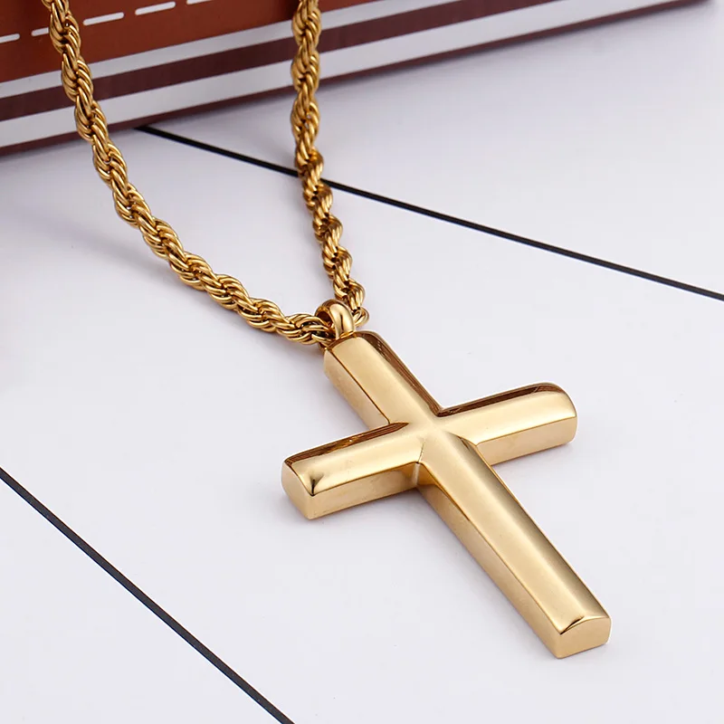 Fongten Vintage Cross Men\'s Pendant Necklaces Stainless Steel Christian Necklace For Men Religious Gold Color Jewelry Gifts