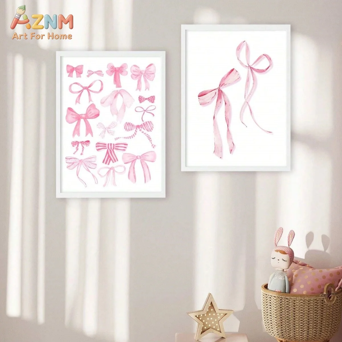 3PCS Pink Watercolor Bow Canvas Wall Art Set Cute Coquette Style Ribbon Prints Posters Minimalist Baby Girl Nursery Decor Unfram