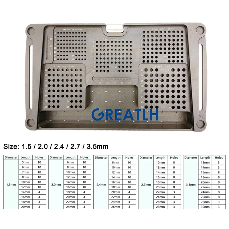 GREATLH Orthopedic Bone Screw Sterilizing Box Tray Screw Rack 1.5/2.0/2.4/2.7/3.5mm Veterinary Orthopedic Instrument Aluminium