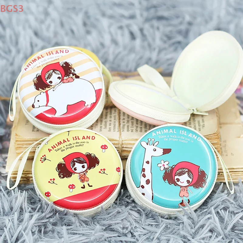 

1PC Creative Circular Tin Coin Wallet Cartoon Storage Box Mini Zipper Bag With Small Earphone Cable