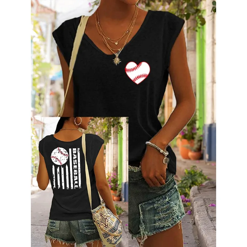 Chic Women's V Neck Vest Baseball Print T Shirt Summer Short Sleeve Casual Tops  Tees