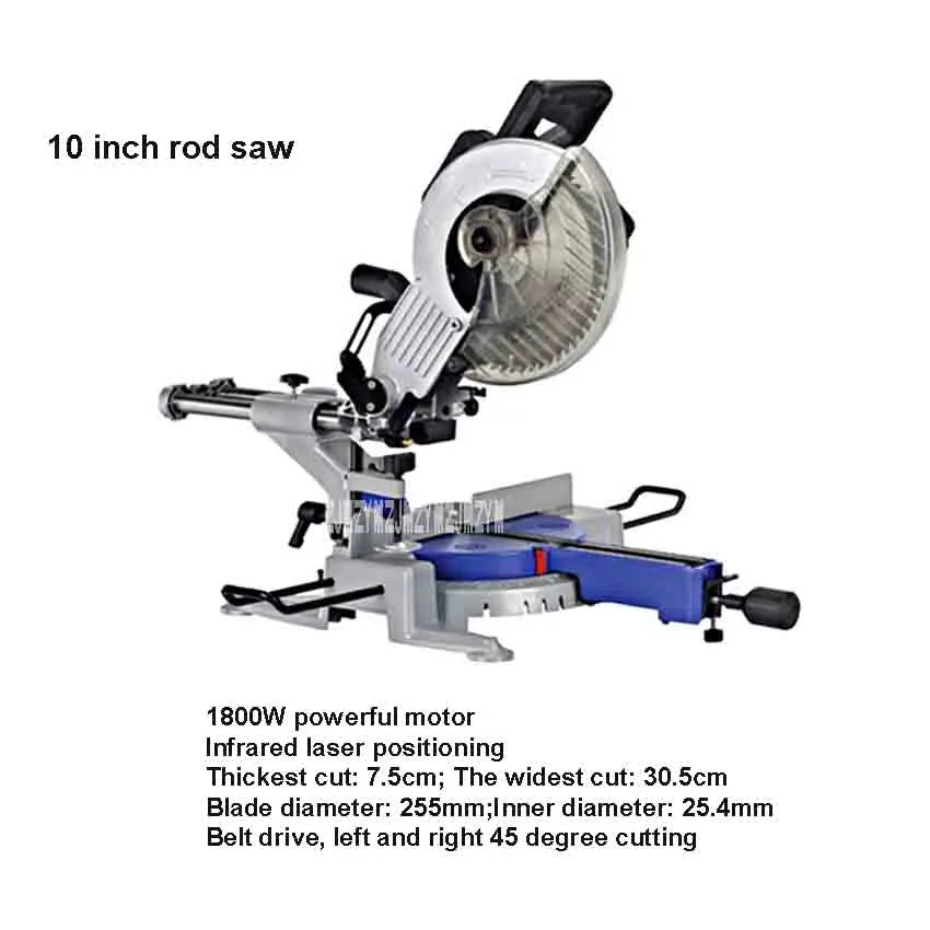 10 Inch Multi-function Rod Saw Desktop Precision Aluminum Alloy Gear Drive 45 Degree Oblique Cutting Machine 220V 1800W 255MM