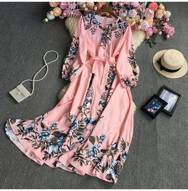 Abito lungo floreale con maniche a lanterna da donna O collo primavera autunno Streetwear Holiday Lace Up Waist Dress Lady Bohemian Vestido