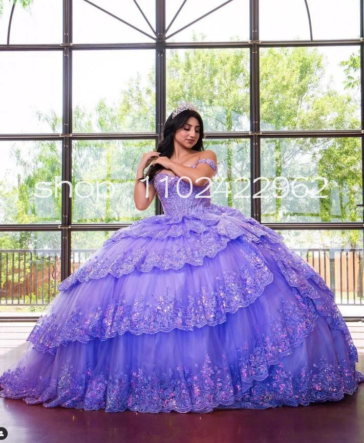 أرجواني لافندر فساتين الأميرة Quinceanera ، زين لامع ، مشد الدانتيل قبالة الكتف ، فساتين حفلة موسيقية ، 15 سنة ،