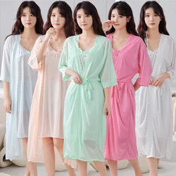 Camisones de satén de seda para mujer, lencería Sexy de encaje, conjuntos de 2 piezas, ropa de dormir de verano, albornoces, camisón, vestido de noche, 2024