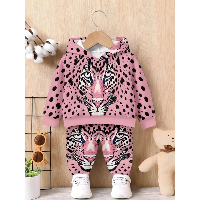Kids Hoodie Jogger: Pink Leopard Face Print, Mixed Tropical Fruit Pattern, Black White Musical Note Tracksuit