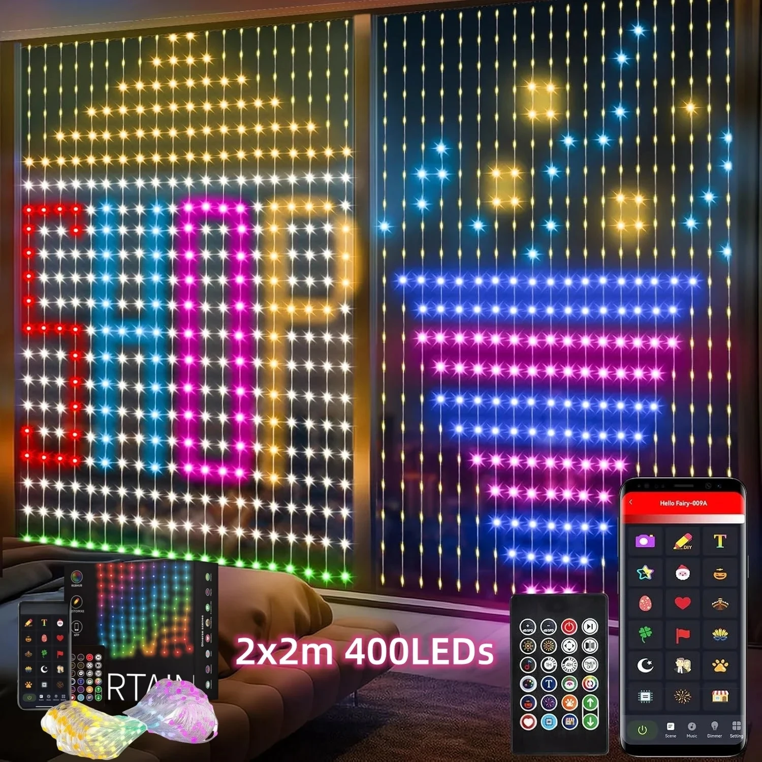 400LEDs Smart Curtain Lights Bluetooth App Control DIY LED String RGB Fairy Lights Music Change Display for Window Bedroom Decor