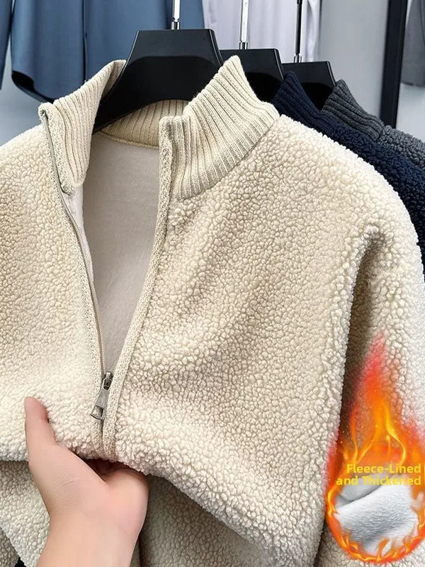 

Men's Winter Thiened Lamb Fur Lined Zipper Knitted Open Cardigan Loose Faionable Versatile Outerwear Casual Sle