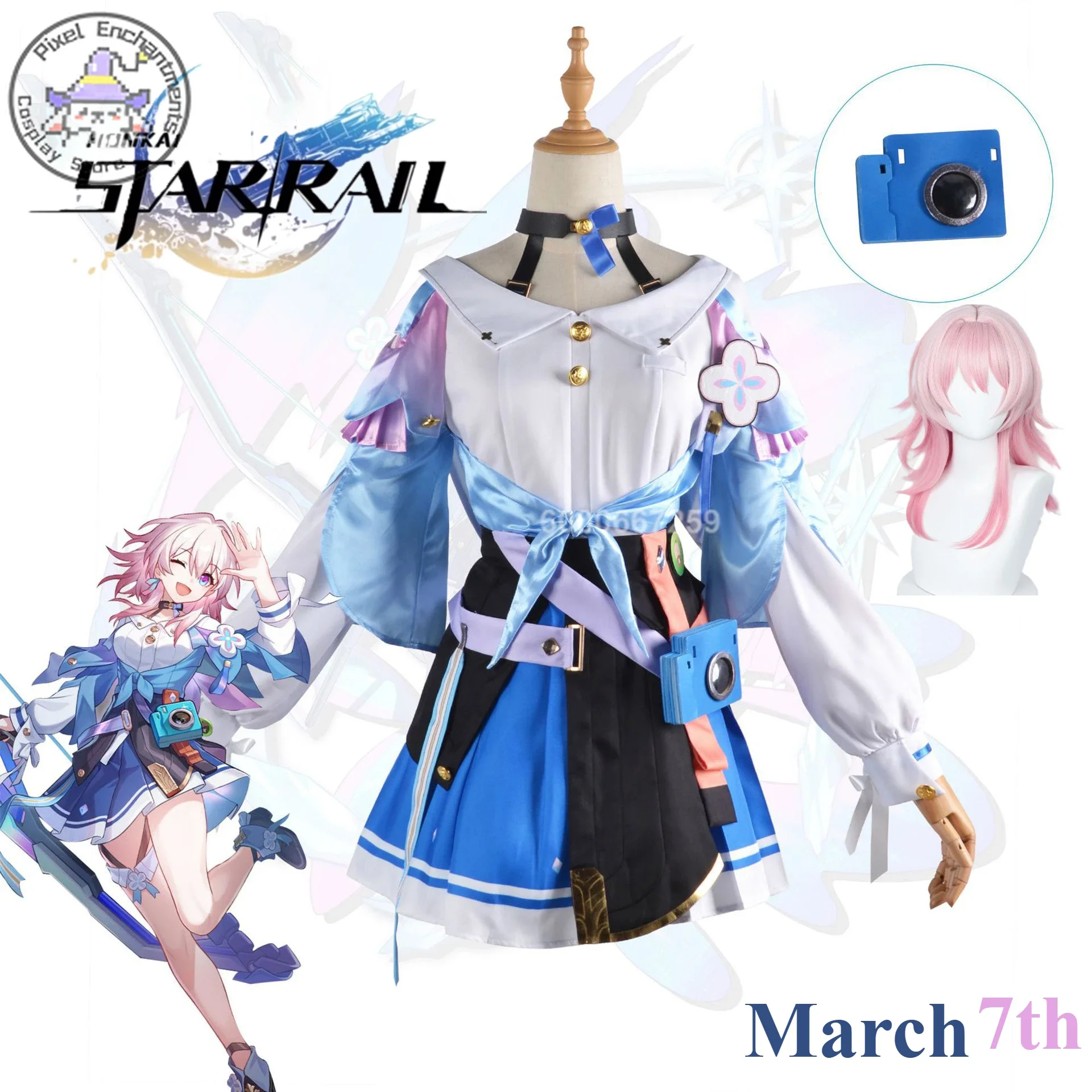 

Honkai Star Rail Game March 7th Cosplay Costume Women Dress Wig Role Play Lolita Outfits for Anime Comic Con Event Full Set