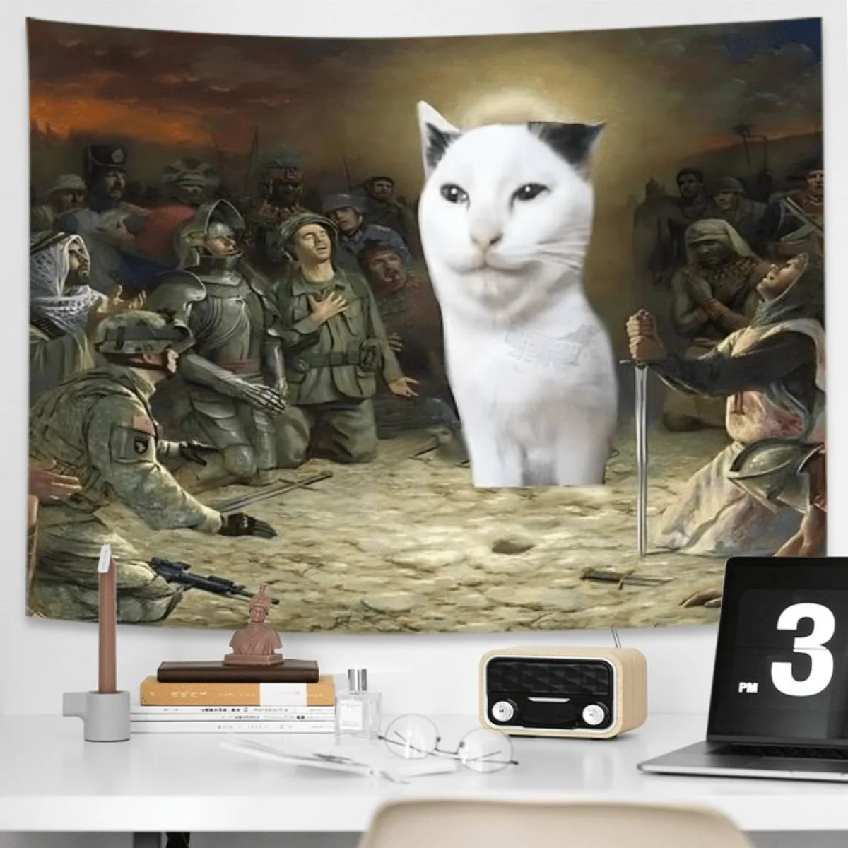 New Funny Anime Cat Printed Tapestry Cat Saves The World Meme Aesthetic Background Cloth for Bedroom Wall Decor