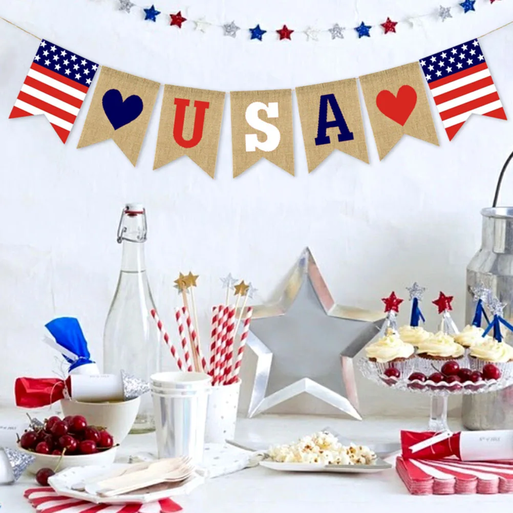 

2 pcs USA Patriotic Burlap Banner Party Hanging Bunting Independence Day Decor Streamers for Birthday Decoration Outdoor Indoor