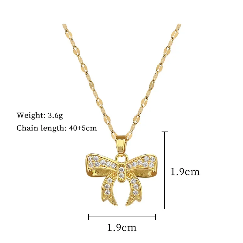 Bow Zircon Pendant  Luxury Temperament Gorgeous  Necklace Women's Versatile Clavicle Chain Titanium Steel Ornaments