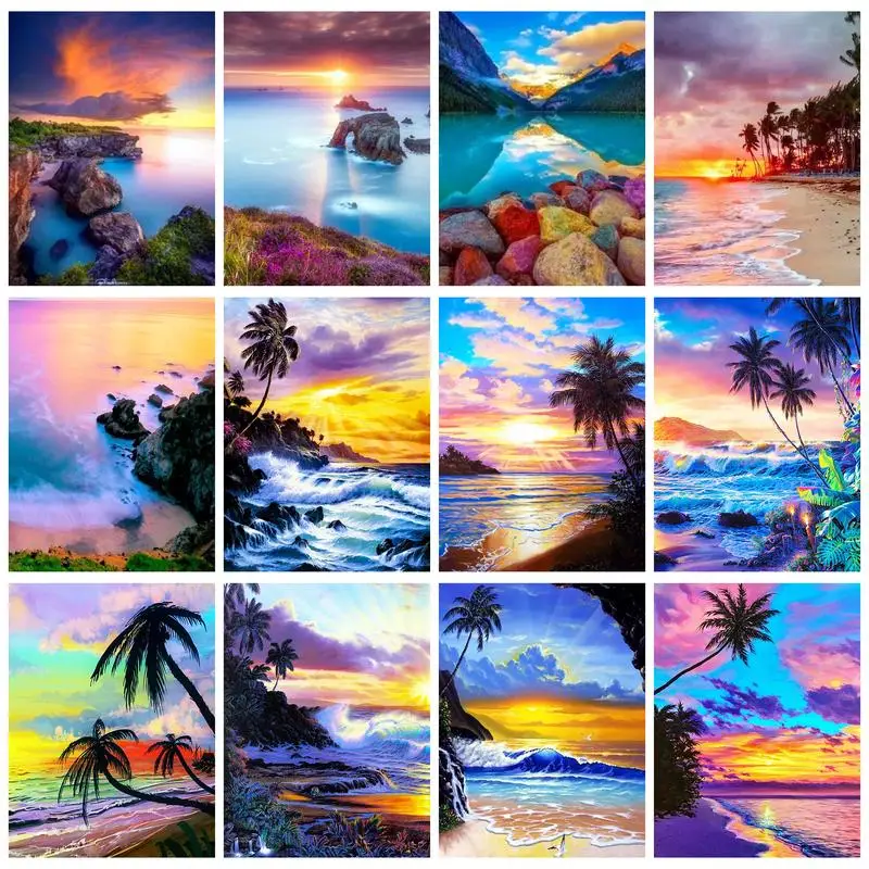 

PhotoCustom Seaside Landscape Paint By Numbers With Frame Kits By Numbers For Adults Handicraft Wall Art