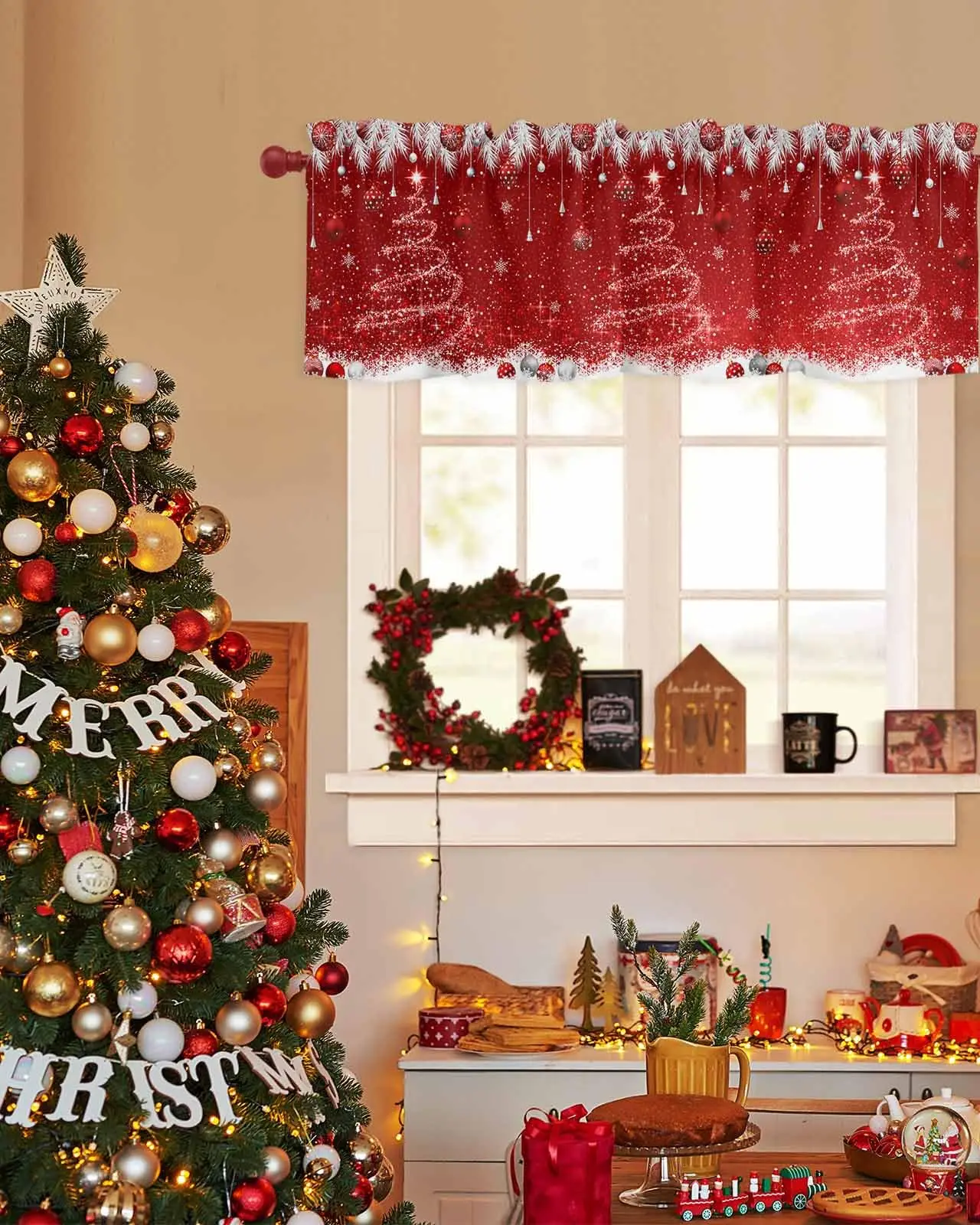 Christmas Rod Pocket Valance Curtain, Xmas Tree Red Sparkle Ornament Short Window Topper 54x18 Inch 1 Panel