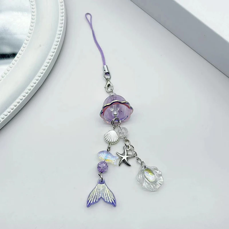 Purple Jellyfish Fishtail Beaded Phone Chain Y2K Handmade Bag Pendant Backpack Decor Charm