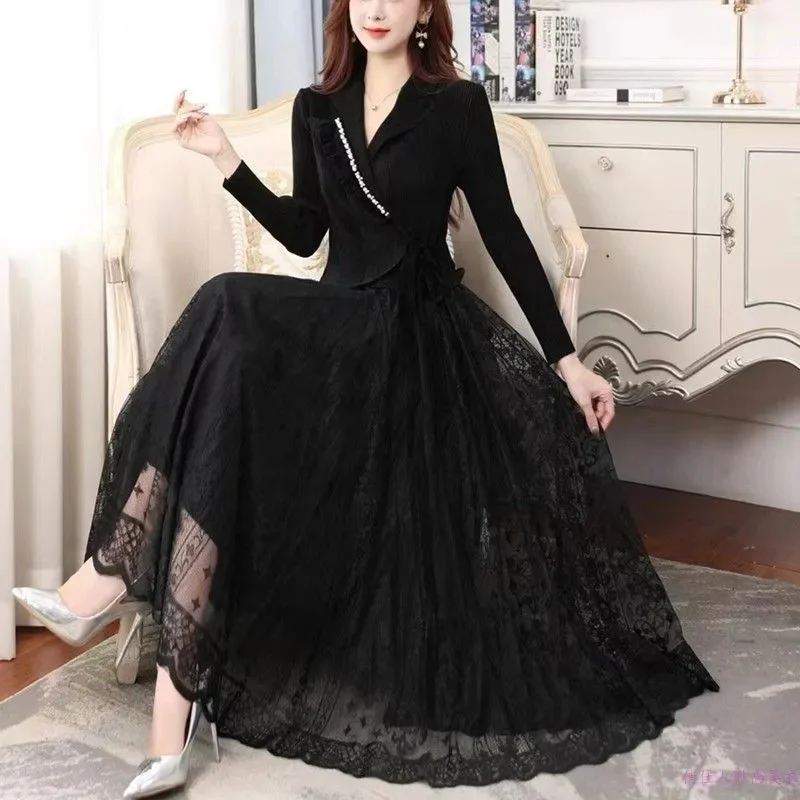 High End Elegant Large Size Dresses Women 2025 NEW Autumn Casual Lace Dress Mother Fashion Suit Collar False Two-piece Dress