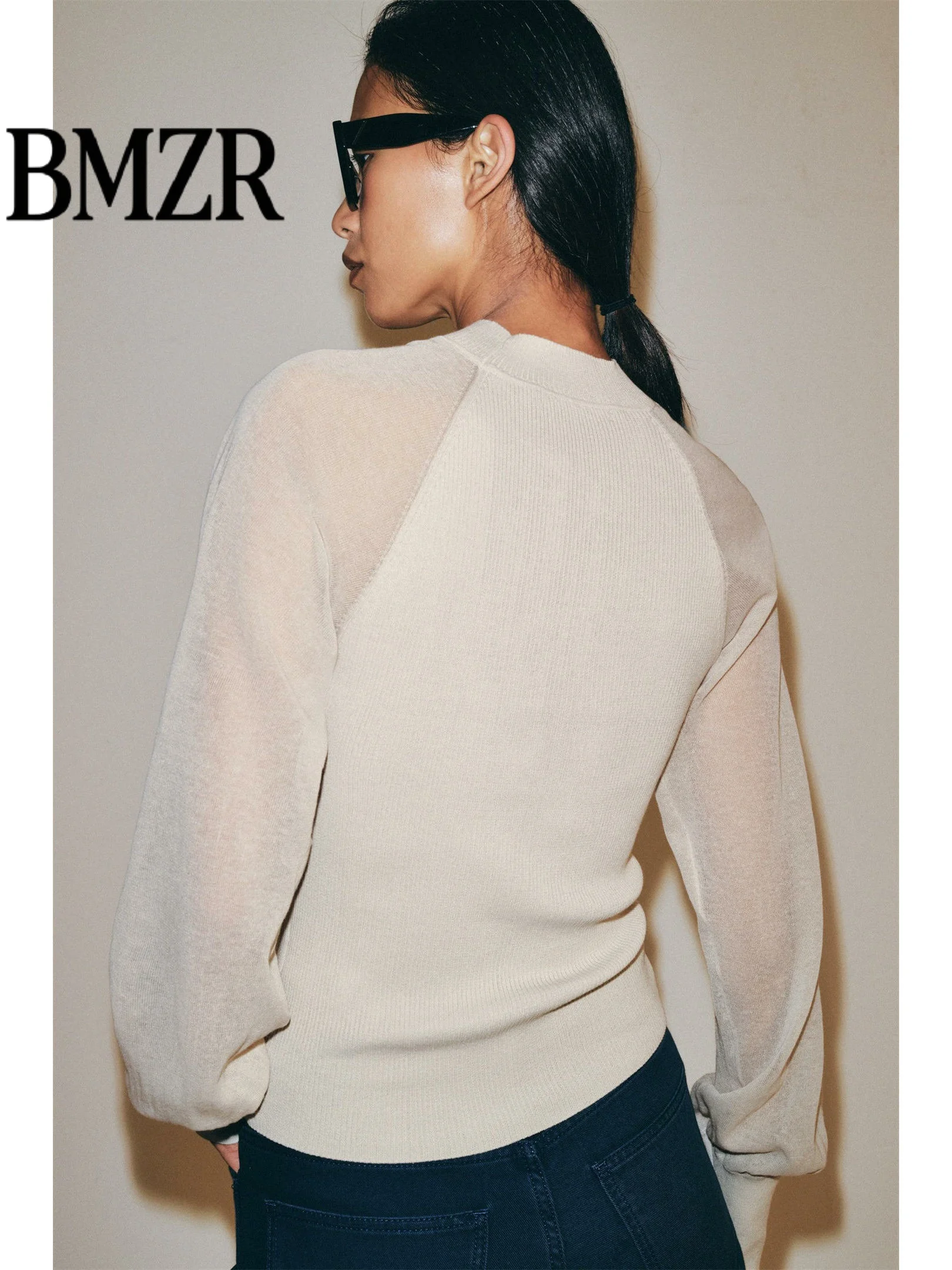 Women's Knitted Long Sleeve round Neck Lantern Sleeve Top Transparent Splicing New Style Autumn Fashion Casual Comfortable