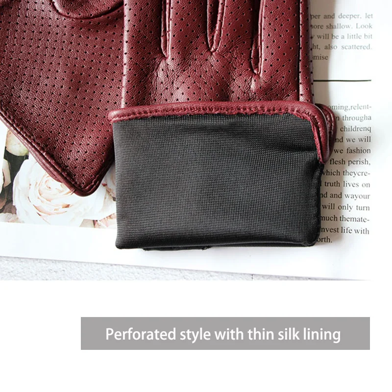 Summer Driving Thin Leather Sheepskin Gloves Women\'s Fashionable Silk Lining Perforated Motorcycle Riding Finger Gloves