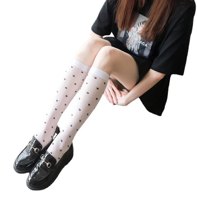 Love Calf Tube White Half JK Trendy Socks Women'S Black Stockings Thin Sheer Peach Heart