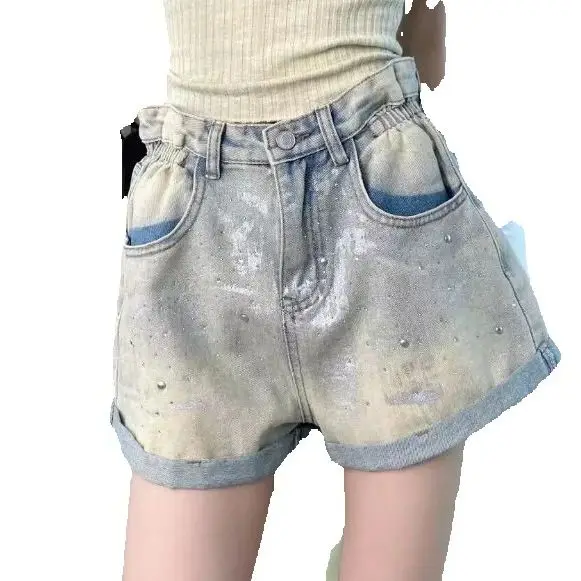 American Retro Jeans Shorts For Women In Summer Thin High Waist And Crimping Edge A-Line Wide-Leg Hot Pants