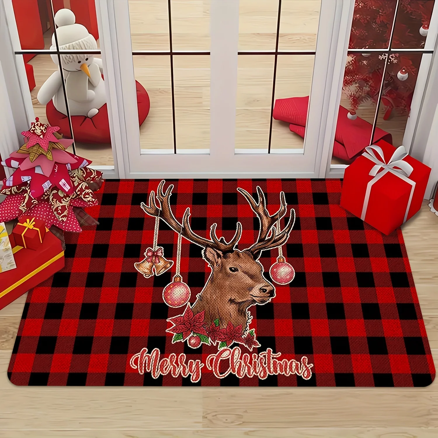 Snowman Couple Red Umbrella Gift Box Winter Scene Doormat For Holiday Entryway Non Slip Welcome Floor Mat Accent