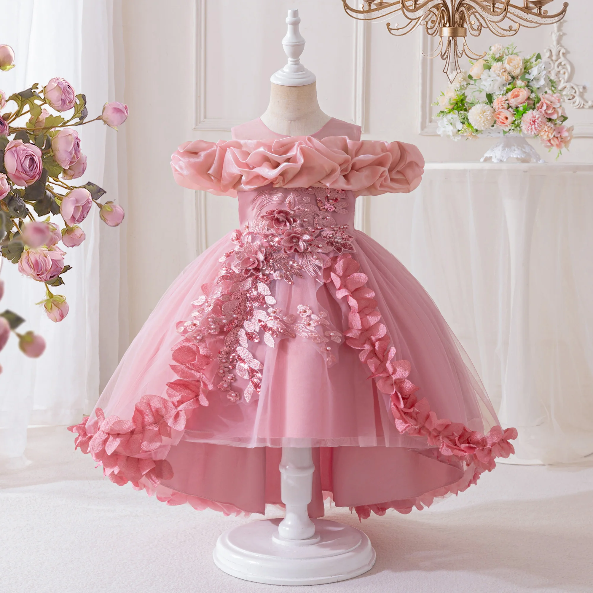 Elegant Fold Flower Trailing Girls Party Dress Summer Tulle Birthday Wedding Princess Dresses for Girl Bridesmaids Evening Gown