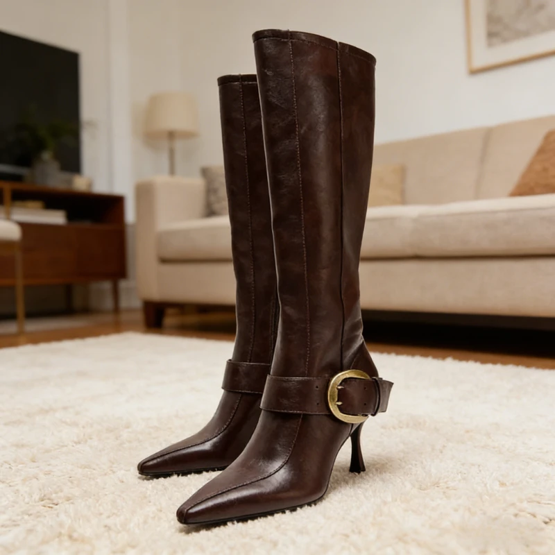 

Metal Buckle Decoration Knee High Boots Women Winter Designer New Pointed Toe Stiletto Heels Boots Sexy Slim-fit Knight Boot