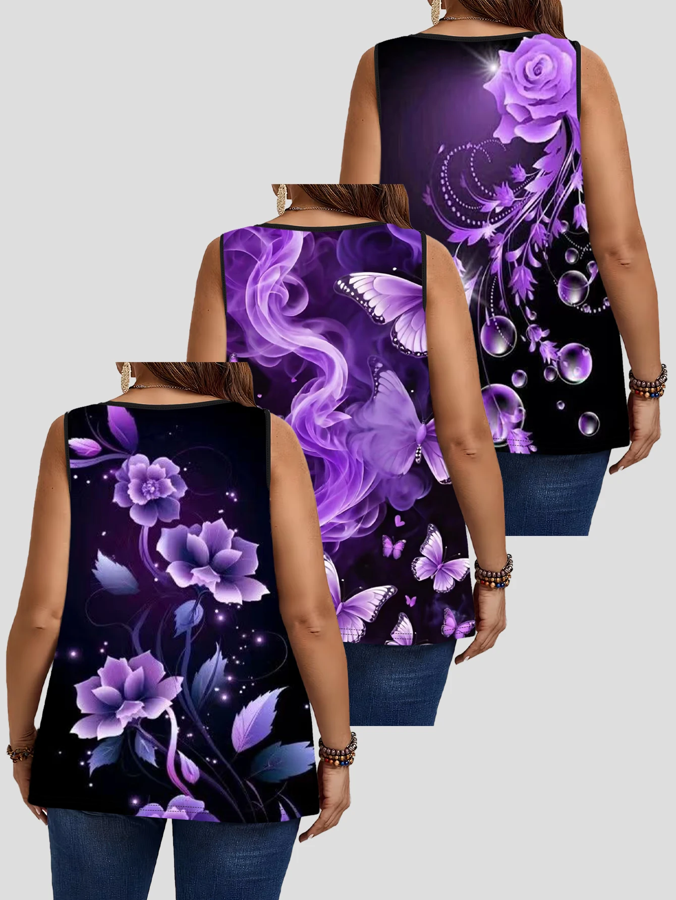3-Piece Set of Plus-Size Sleeveless Vests｜Dreamy Purple Mist Butterfly Floral Print Loose-Fitting Round-Neck Casual Outerwear Top