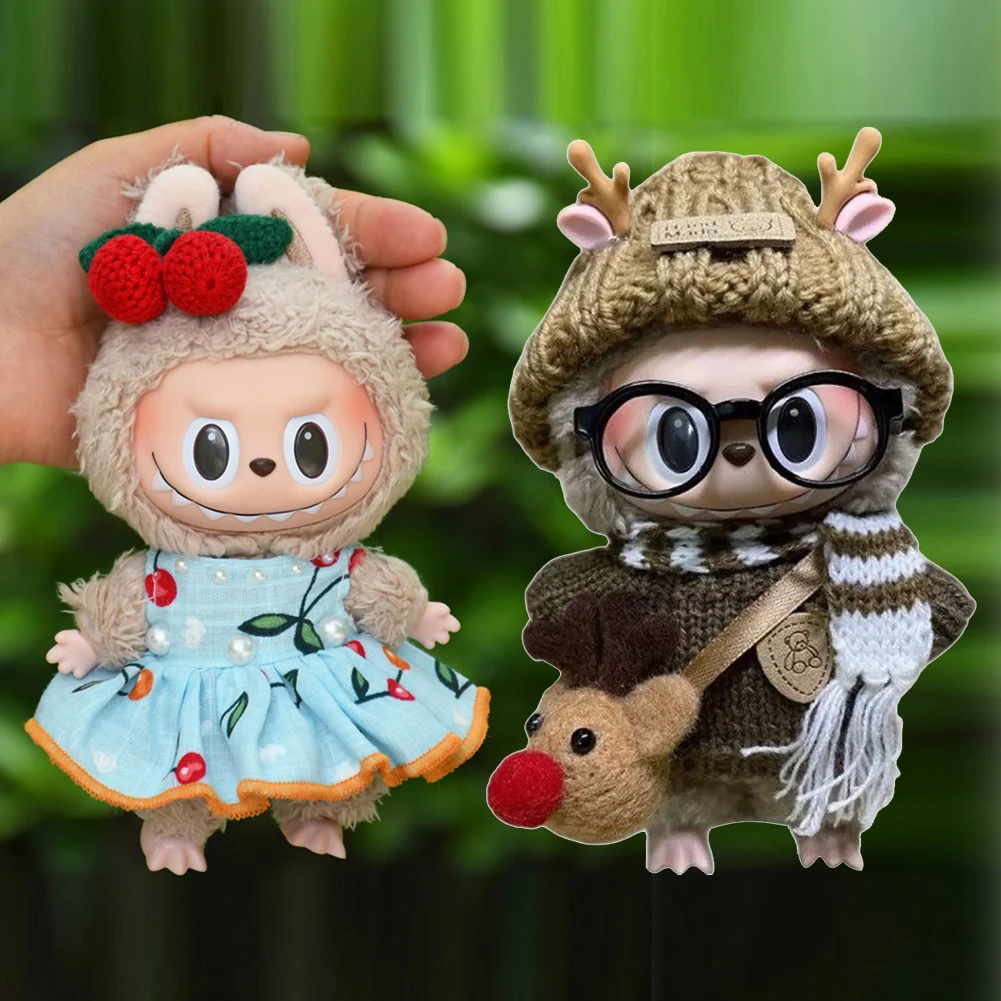 Mini Plush Doll'S Clothes Outfit Accessories For 15-17cm Labubu Idol Overalls Set Elk Coat Reusable Cherry Pleated Skirt Clothin