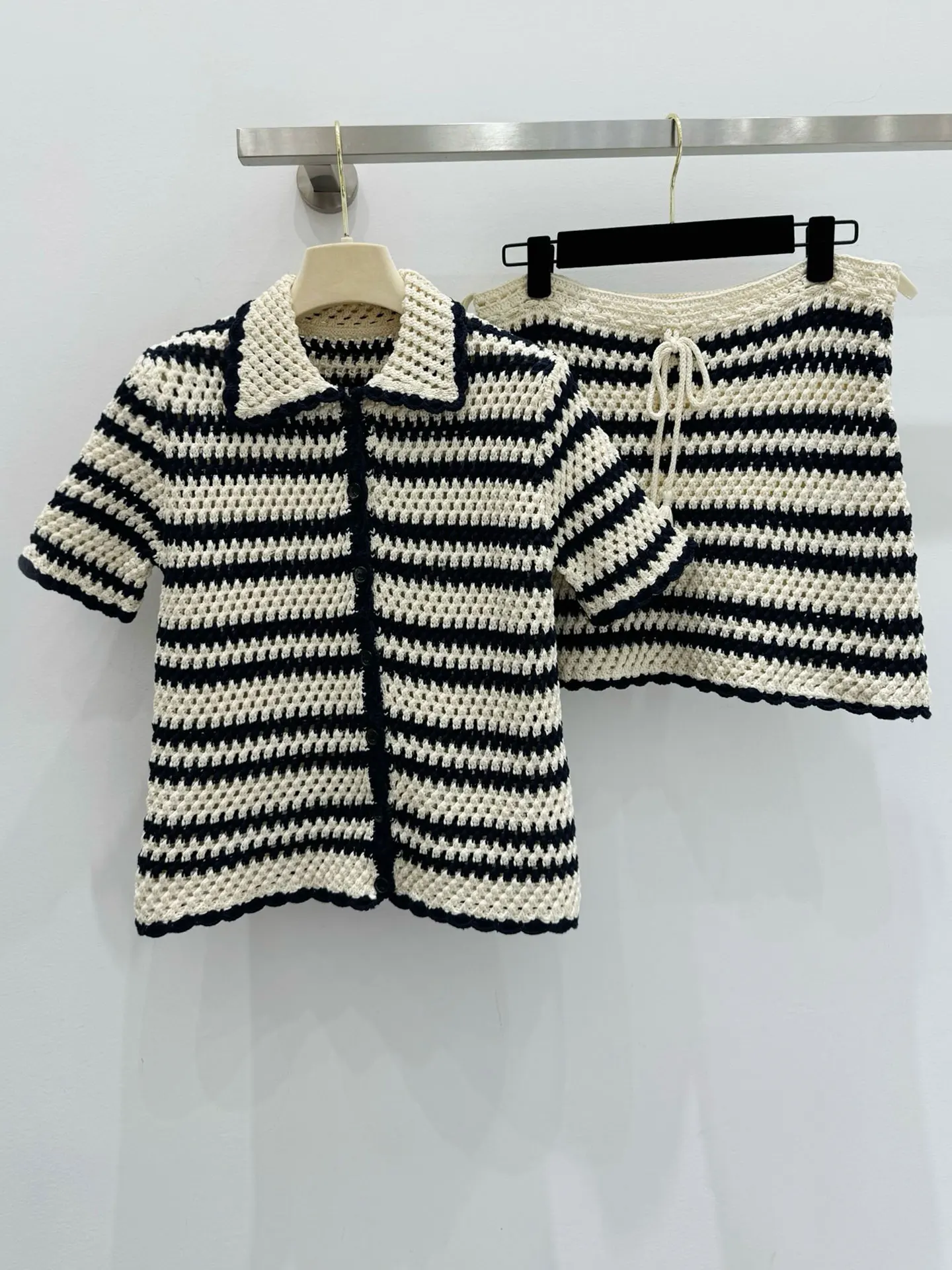 

100% Cotton Striped V Neck Crochet Knit Crop Cardigan + Midi Skirt Set for Women – Casual Summer Two Piece Outf
