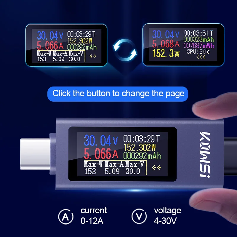 Type-C Multi-function Digital Display DC Voltage Ammeter Power Meter DC 4-30V 12A Voltmeter Ammeter Charger Capacity Tester