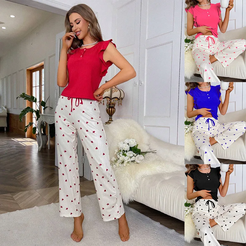 

Two Pieces Pajama Sets Women Ribbed Sleep Suits Heart Print Petal Cap Sleeve Top Drawstring Waist Long Pants Casual 2025 Summer
