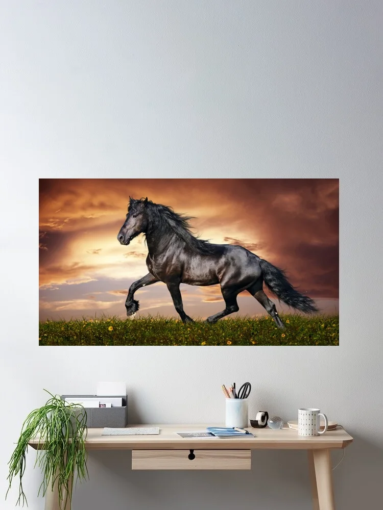 Black horse running in a field at sunset, Art Print Canvas Poster, Living Room Decor, Home Wall Picture