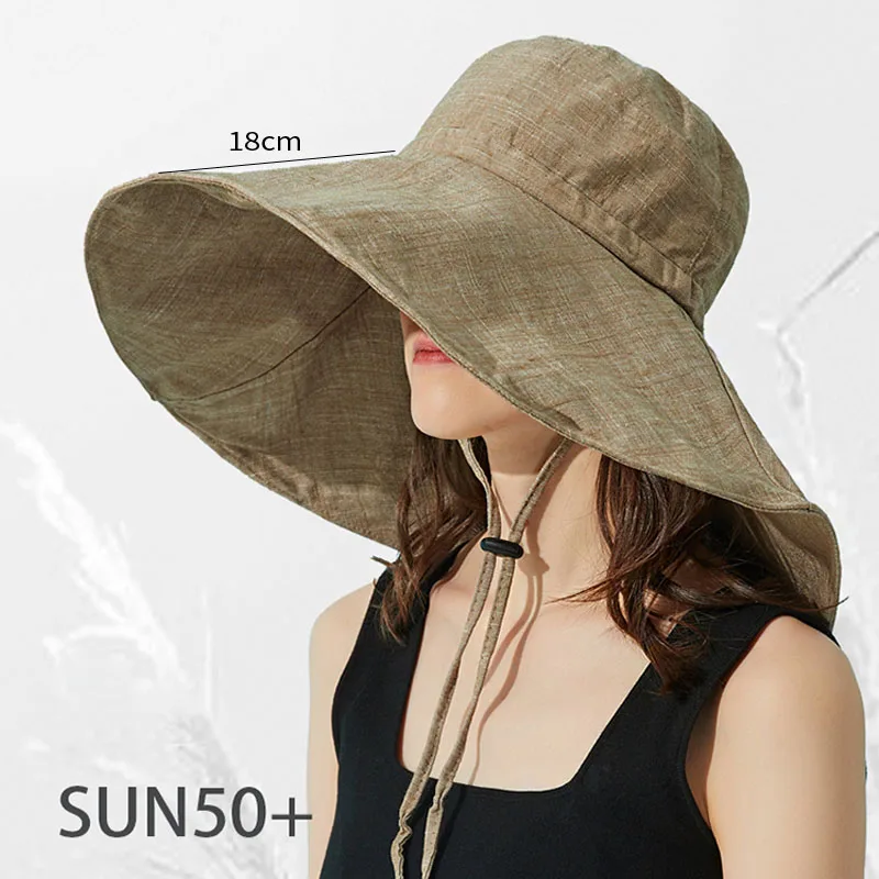 Summer Wide Brim Sun Hat Women\'s Foldable Travel Packable Bucket Hat Japanese UV Sunscreen Cotton Linen Beach Hat Fisherman Hat