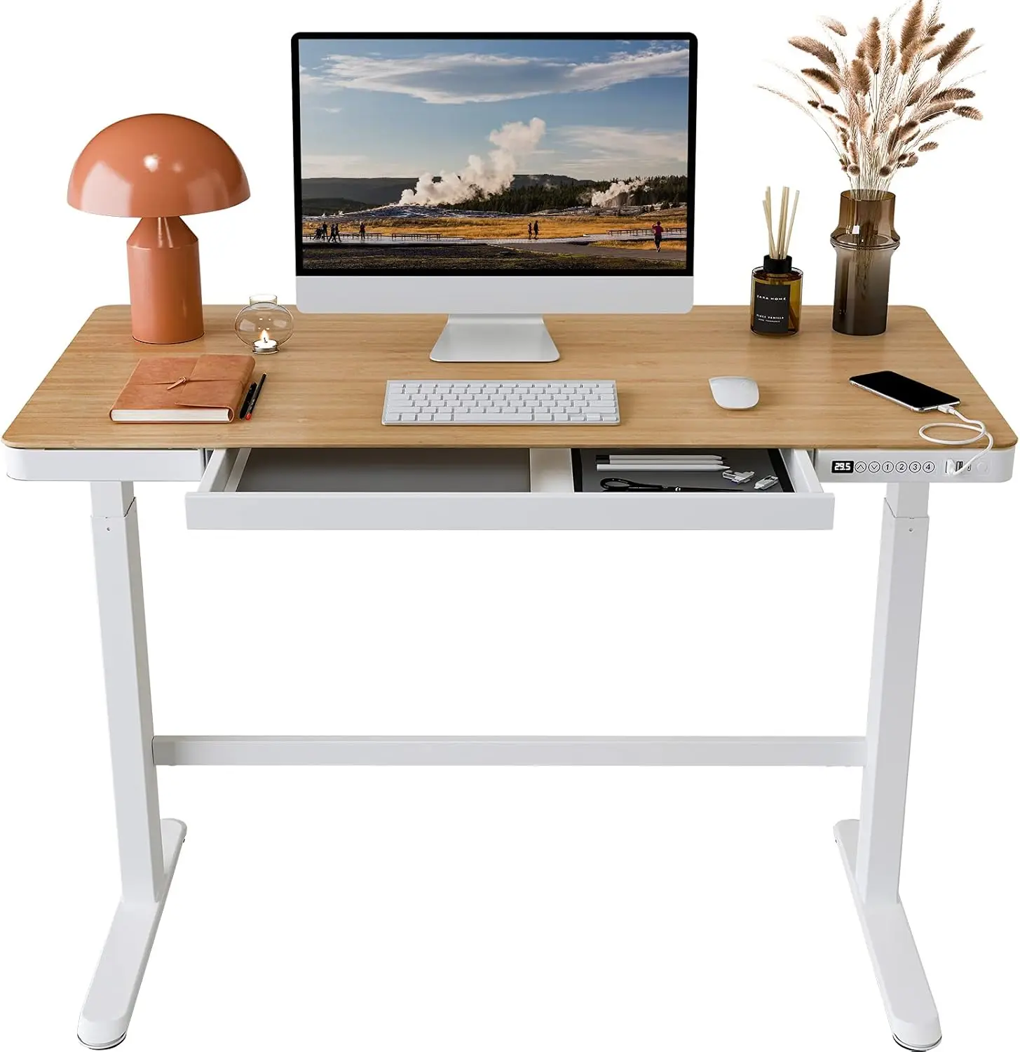 

Electric Standing Desk with Drawer Storage Adjustable Height Quick Assembly Table w/USB Charge Ports, Child Lock